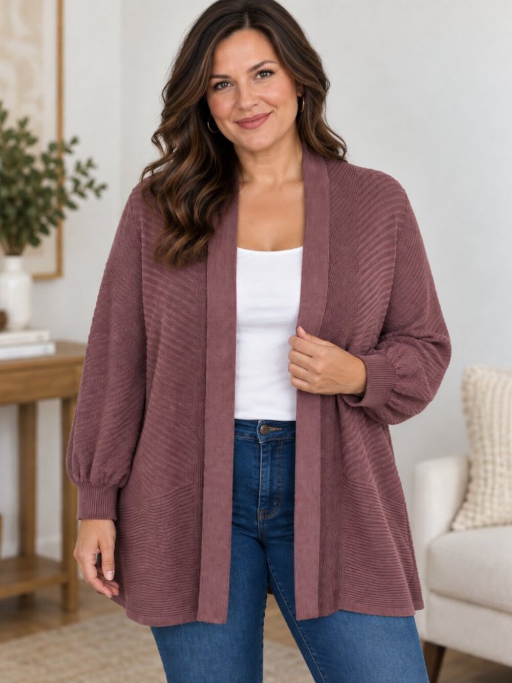 Liz Claiborne XL Dusty Mauve Open Front Cardigan Sweater Textured Knit Long